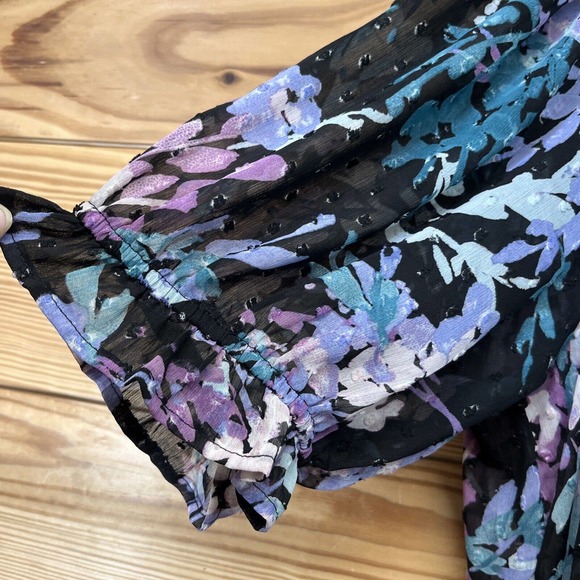Torrid 1 Ruffle Kimono Shirt Floral Swiss Dot Black Purple SS Sheer boho B84 - Picture 5 of 16